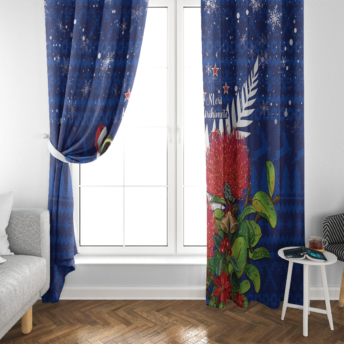 New Zealand Christmas In July Window Curtain Fiordland Penguin With Pohutukawa Flower