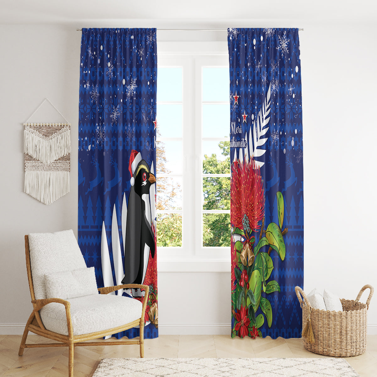New Zealand Christmas In July Window Curtain Fiordland Penguin With Pohutukawa Flower