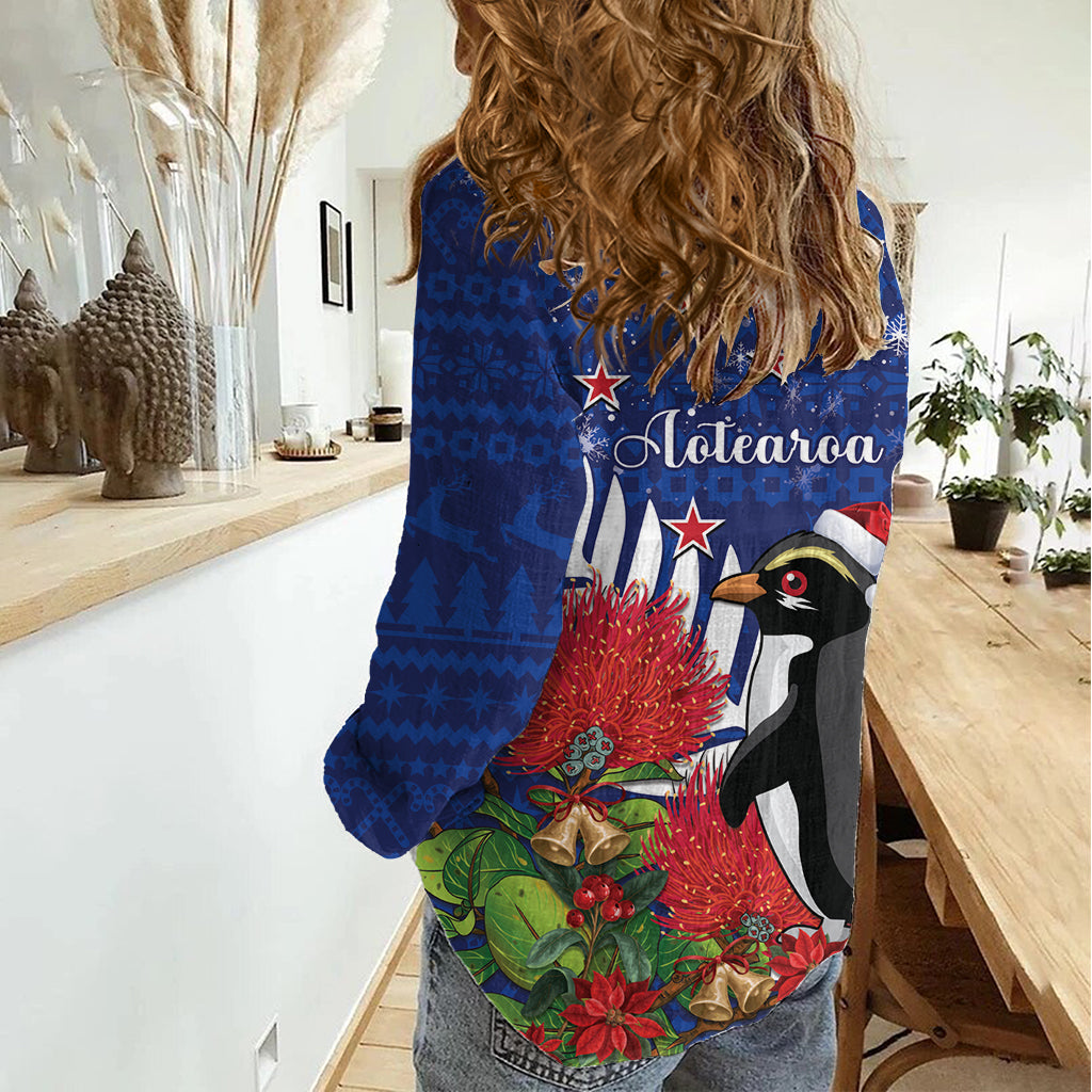 New Zealand Christmas In July Women Casual Shirt Fiordland Penguin With Pohutukawa Flower