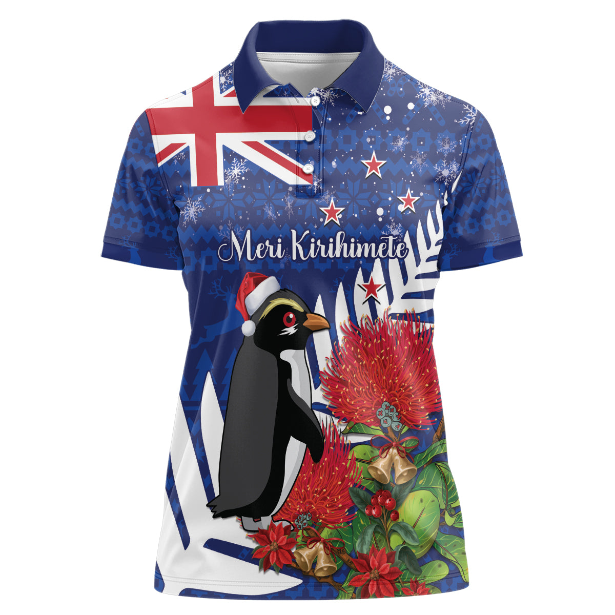 New Zealand Christmas In July Women Polo Shirt Fiordland Penguin With Pohutukawa Flower