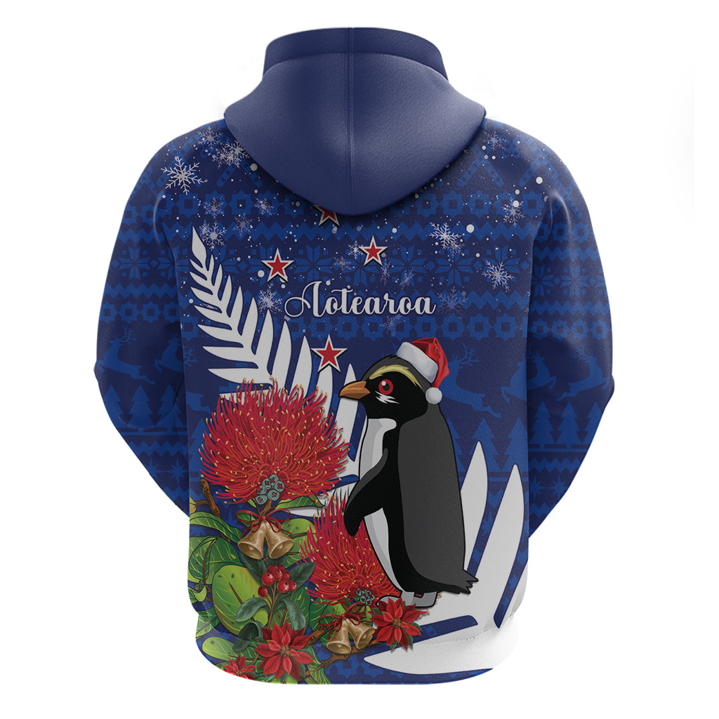 New Zealand Christmas In July Zip Hoodie Fiordland Penguin With Pohutukawa Flower