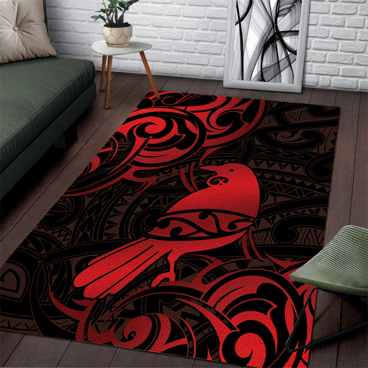 New Zealand Tui Bird Area Rug Aotearoa Maori Pattern - Red
