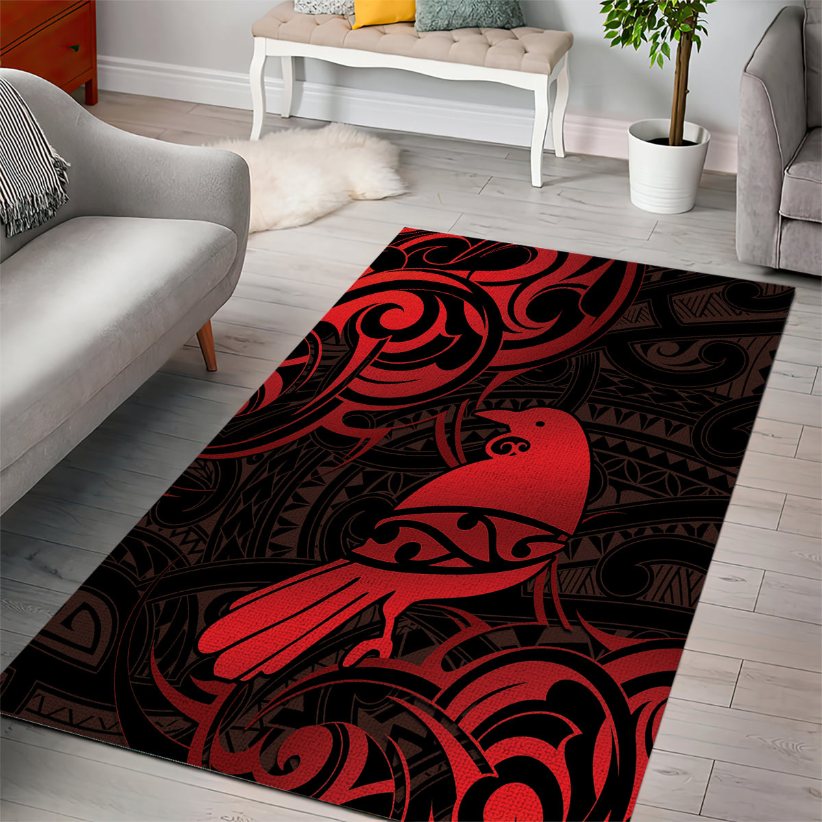 New Zealand Tui Bird Area Rug Aotearoa Maori Pattern - Red