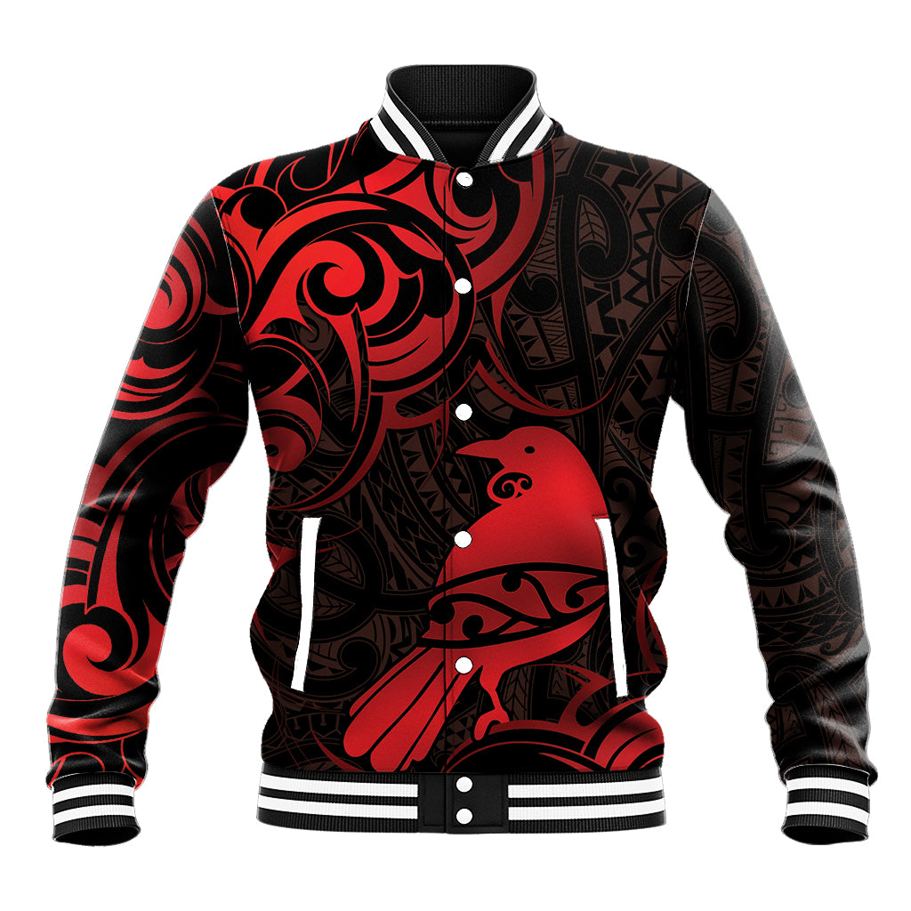 New Zealand Tui Bird Baseball Jacket Aotearoa Maori Pattern - Red LT14 Unisex Red - Polynesian Pride