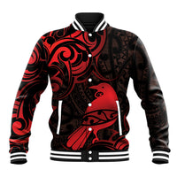 New Zealand Tui Bird Baseball Jacket Aotearoa Maori Pattern - Red LT14 Unisex Red - Polynesian Pride