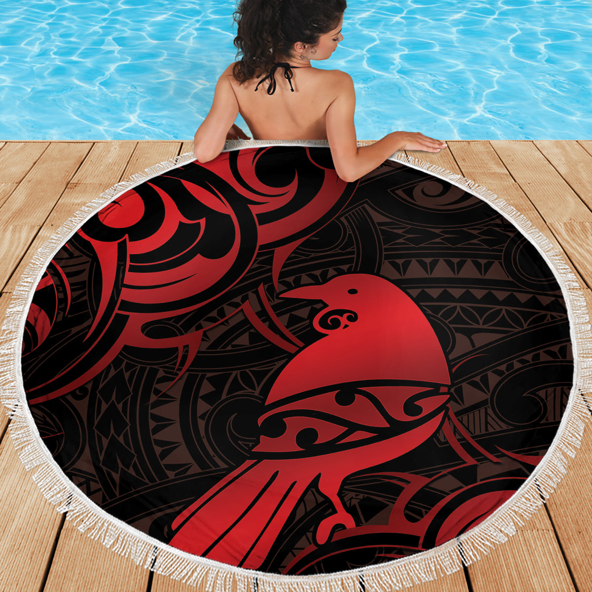 New Zealand Tui Bird Beach Blanket Aotearoa Maori Pattern - Red LT14 - Polynesian Pride