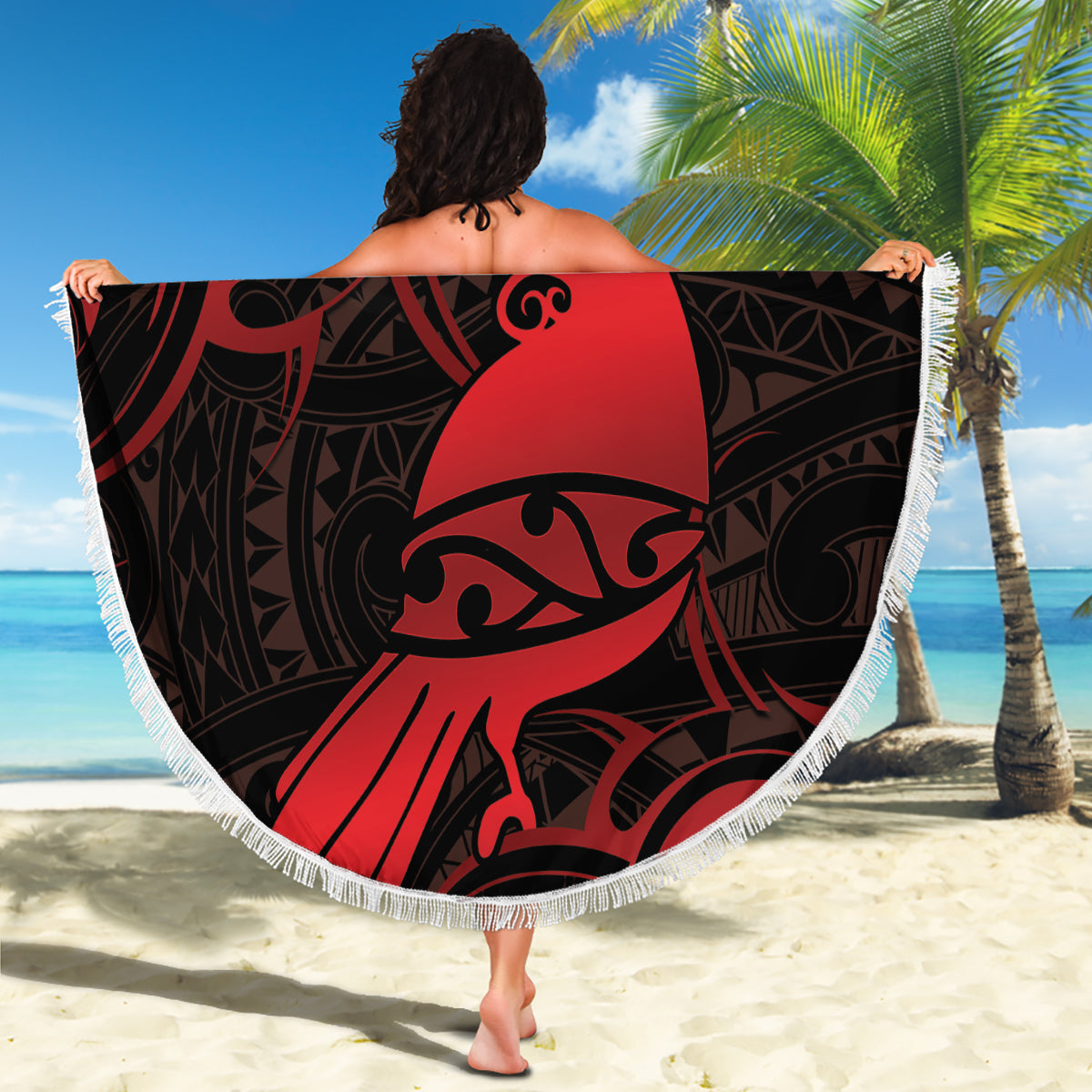 New Zealand Tui Bird Beach Blanket Aotearoa Maori Pattern - Red LT14 - Polynesian Pride