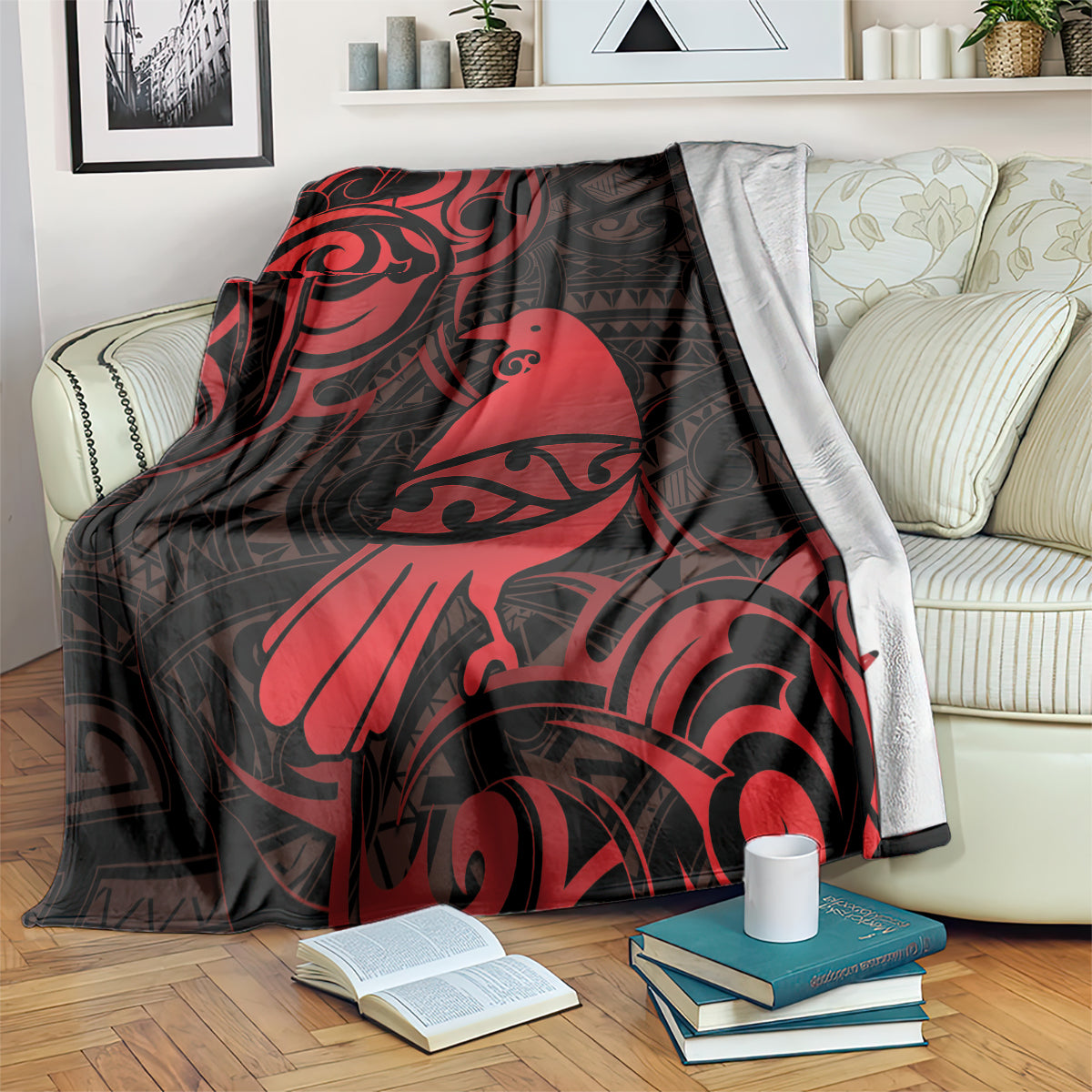 New Zealand Tui Bird Blanket Aotearoa Maori Pattern - Red LT14 Red - Polynesian Pride