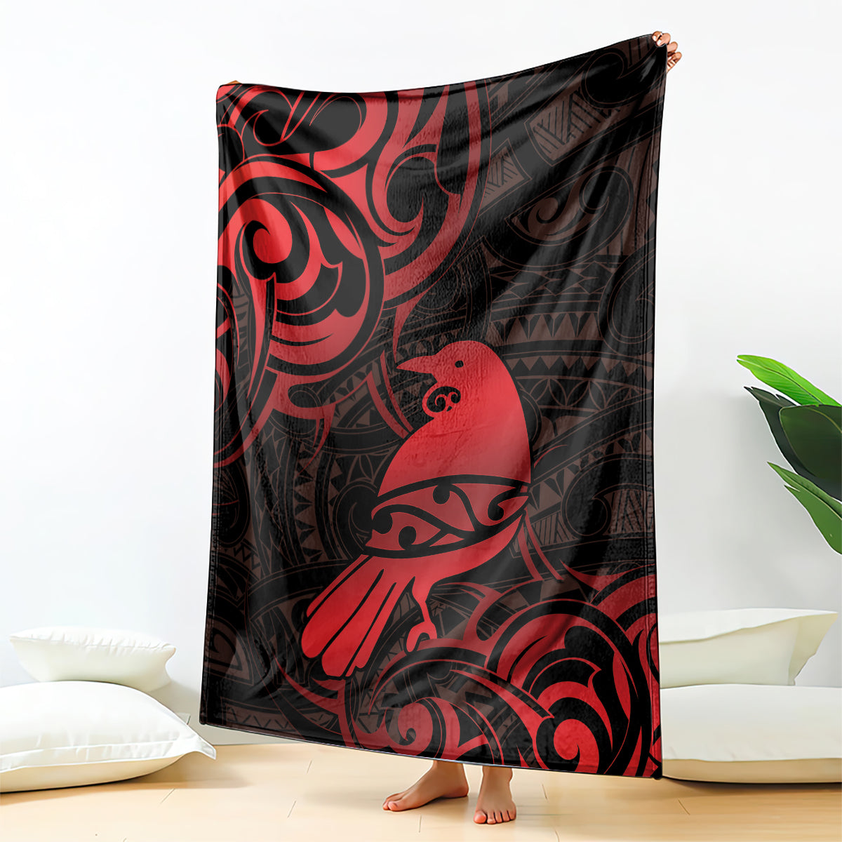 New Zealand Tui Bird Blanket Aotearoa Maori Pattern - Red LT14 - Polynesian Pride