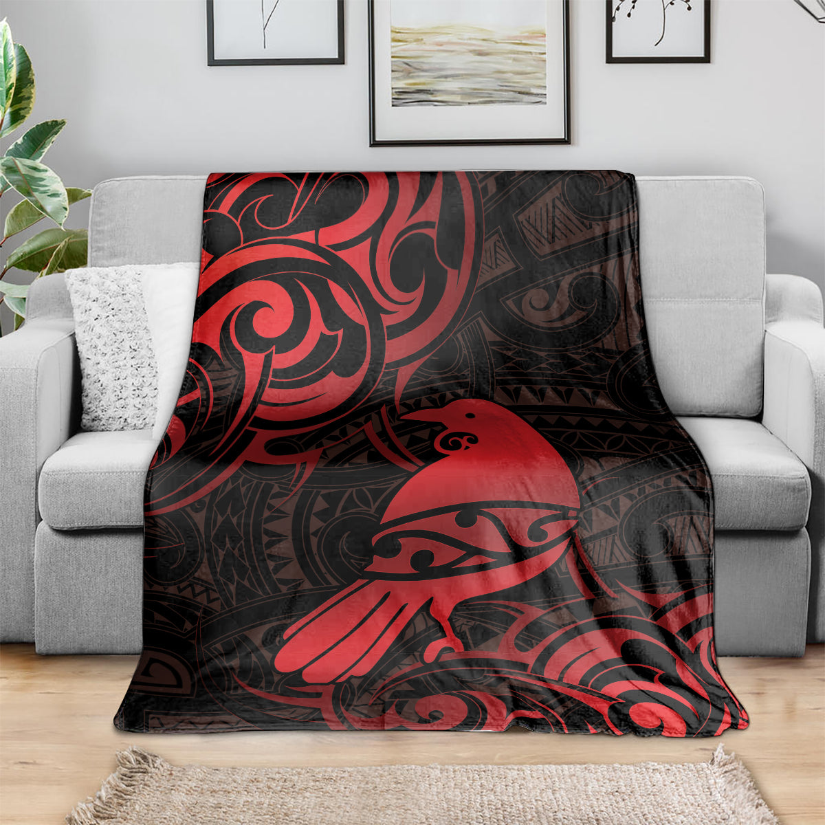 New Zealand Tui Bird Blanket Aotearoa Maori Pattern - Red LT14 - Polynesian Pride