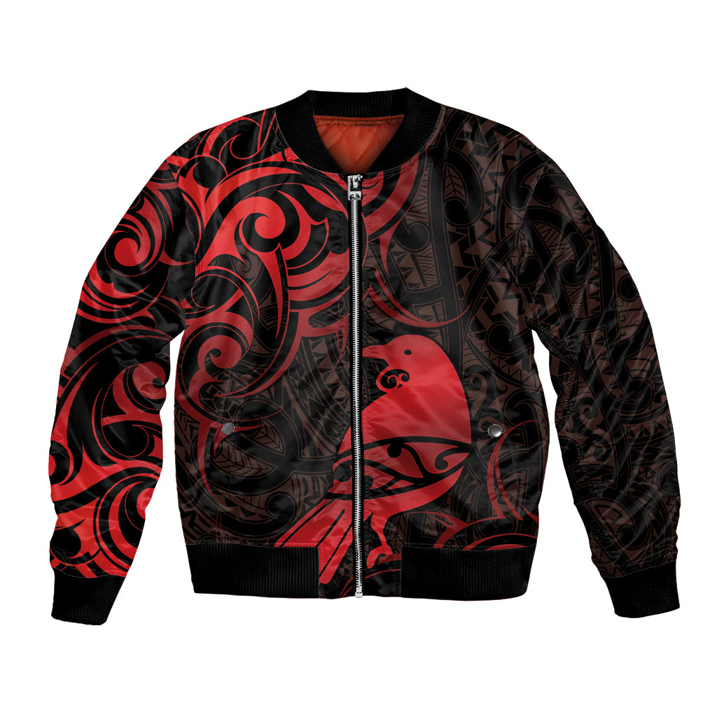 New Zealand Tui Bird Bomber Jacket Aotearoa Maori Pattern - Red LT14 Unisex Red - Polynesian Pride