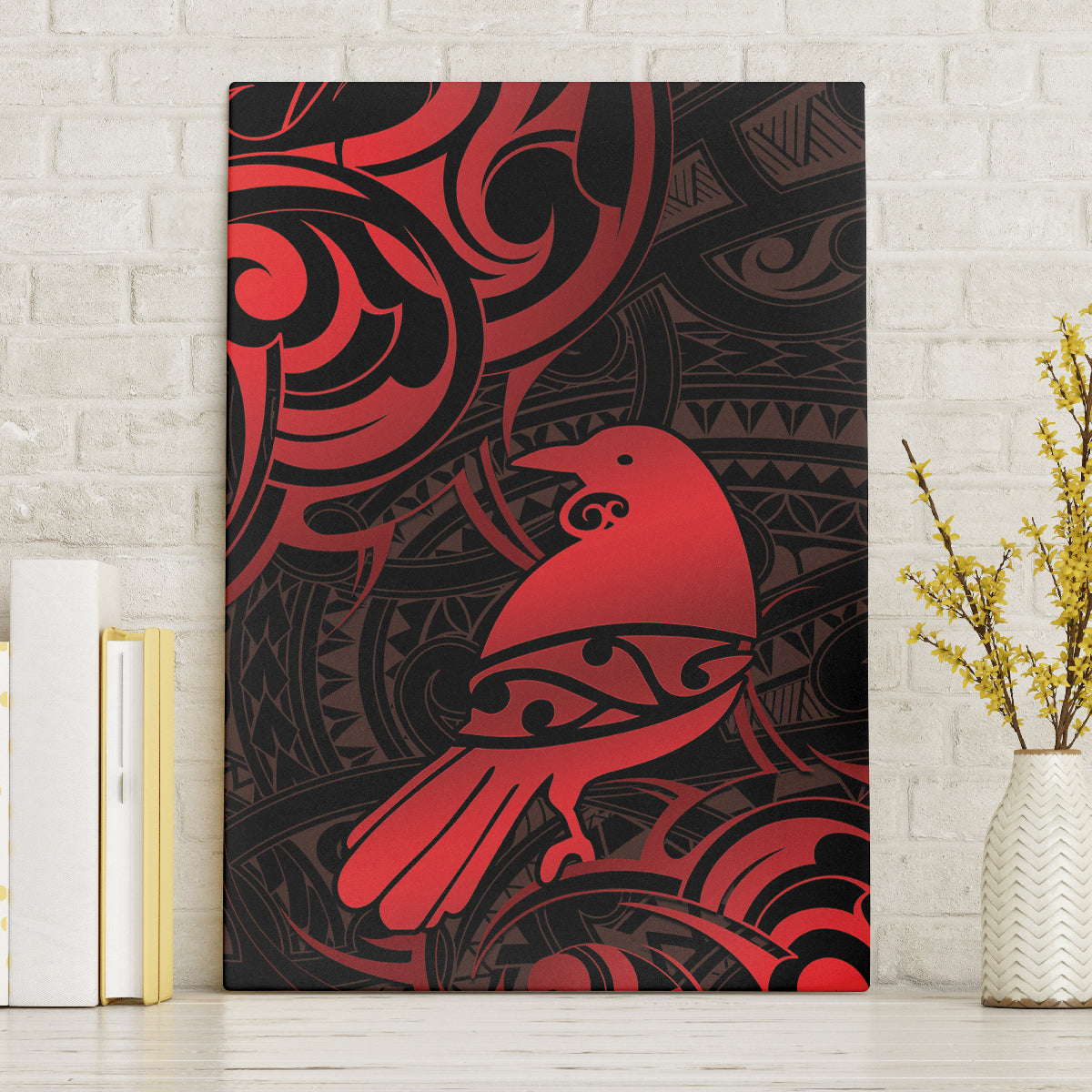 New Zealand Tui Bird Canvas Wall Art Aotearoa Maori Pattern - Red LT14 Without Frame Red - Polynesian Pride