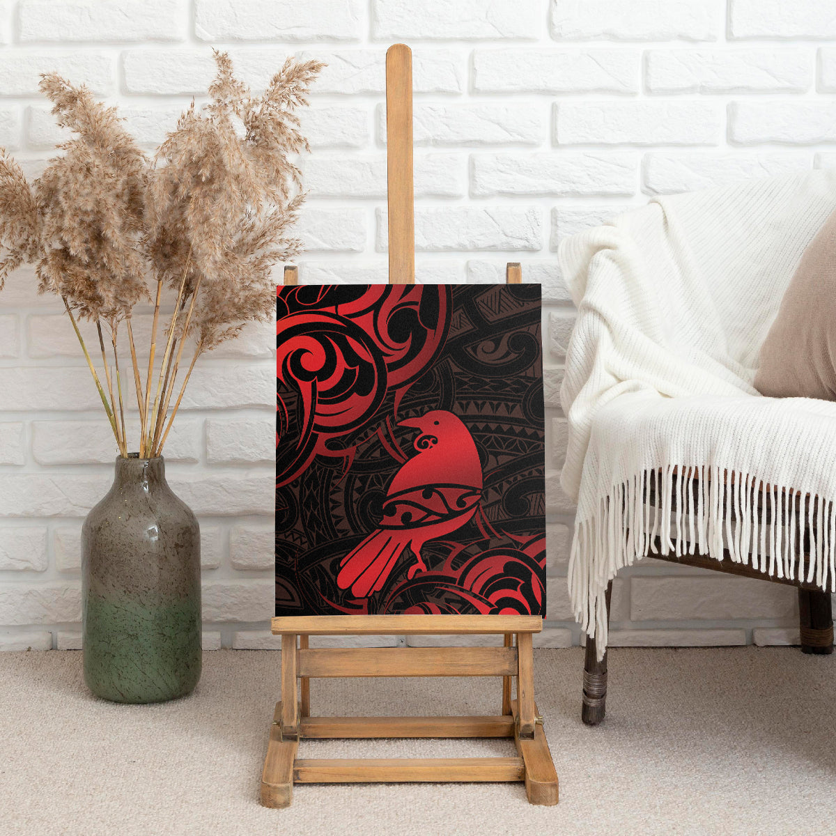 New Zealand Tui Bird Canvas Wall Art Aotearoa Maori Pattern - Red LT14 - Polynesian Pride