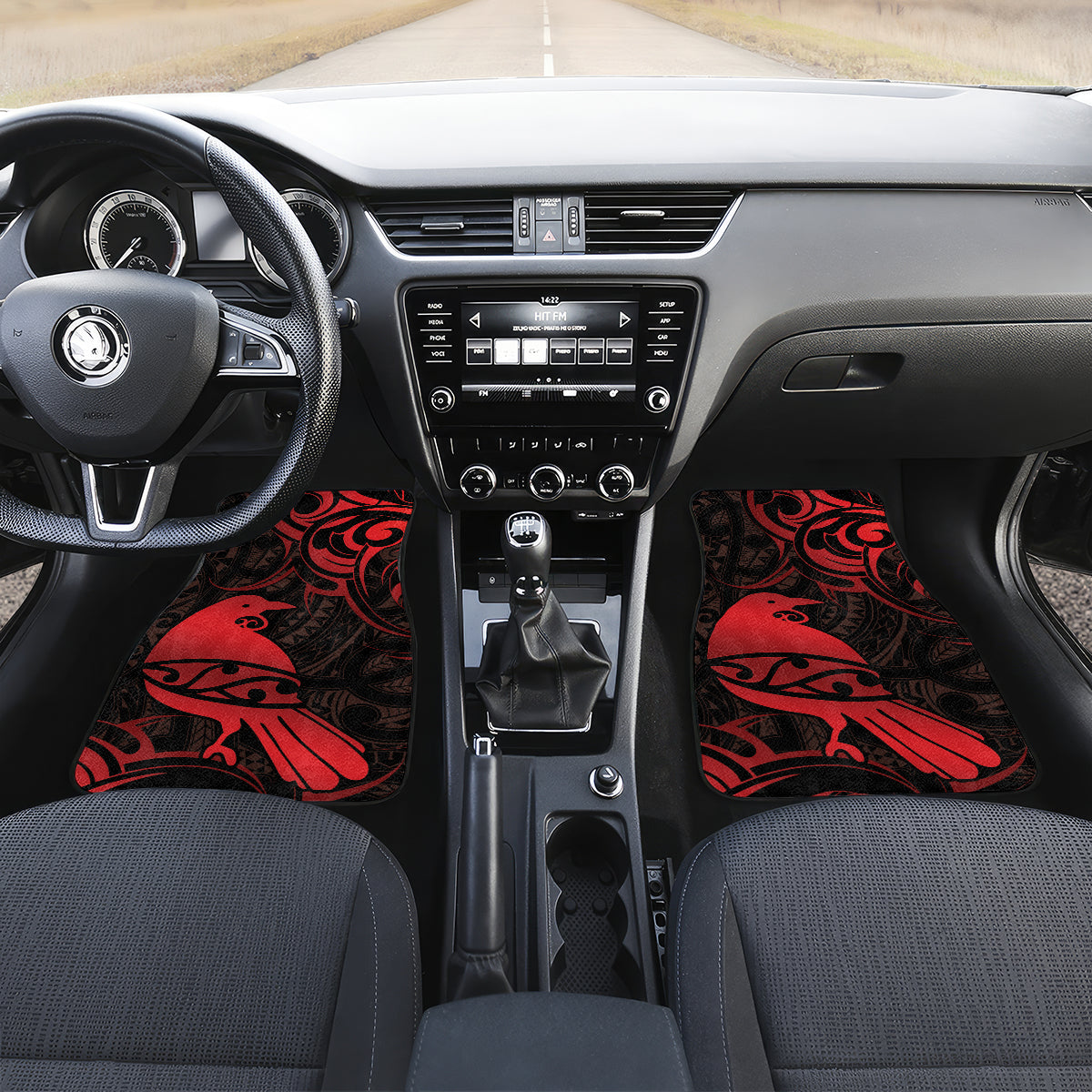 New Zealand Tui Bird Car Mats Aotearoa Maori Pattern - Red LT14 Set 2pcs - Front Red - Polynesian Pride