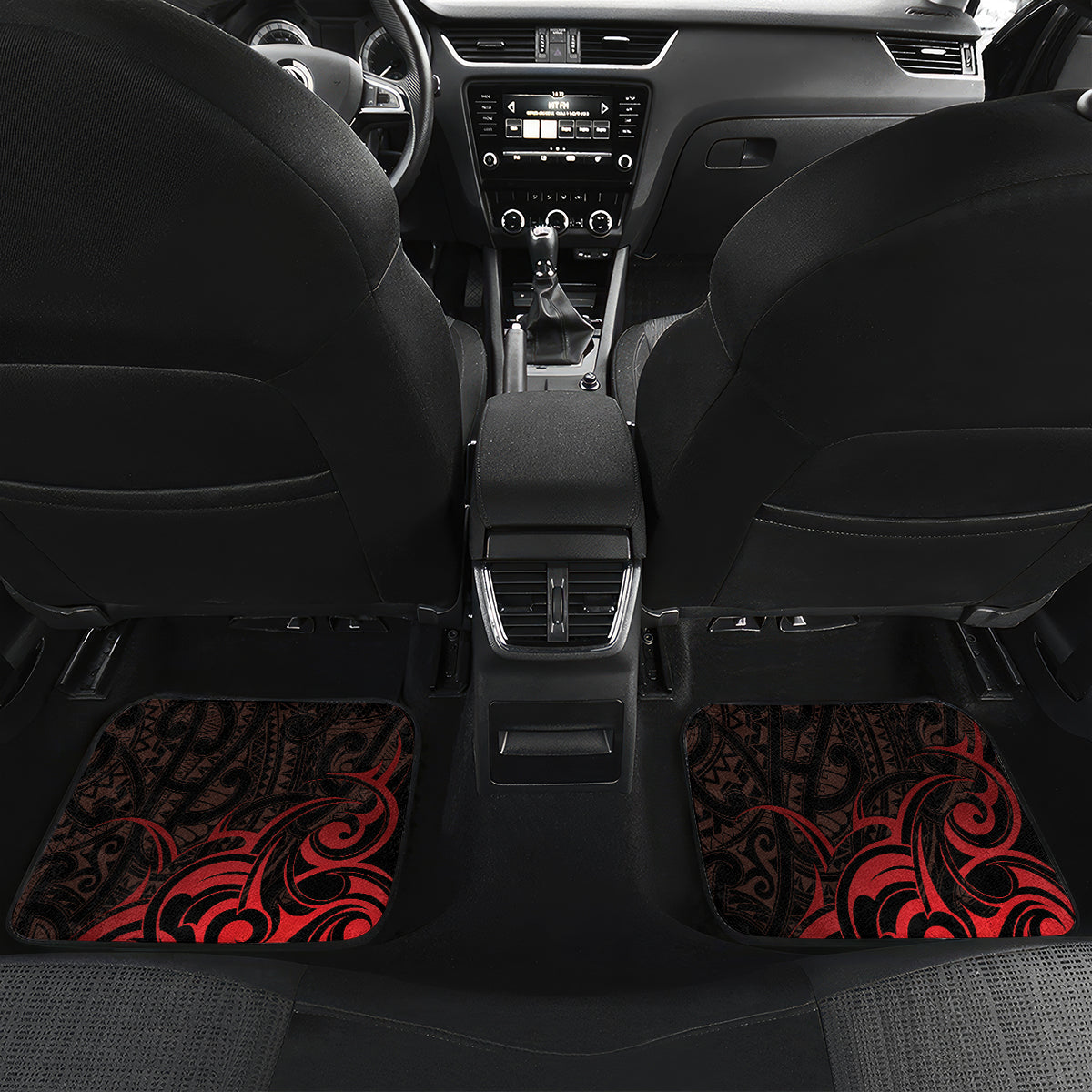 New Zealand Tui Bird Car Mats Aotearoa Maori Pattern - Red LT14 Set 2pcs - Back Red - Polynesian Pride
