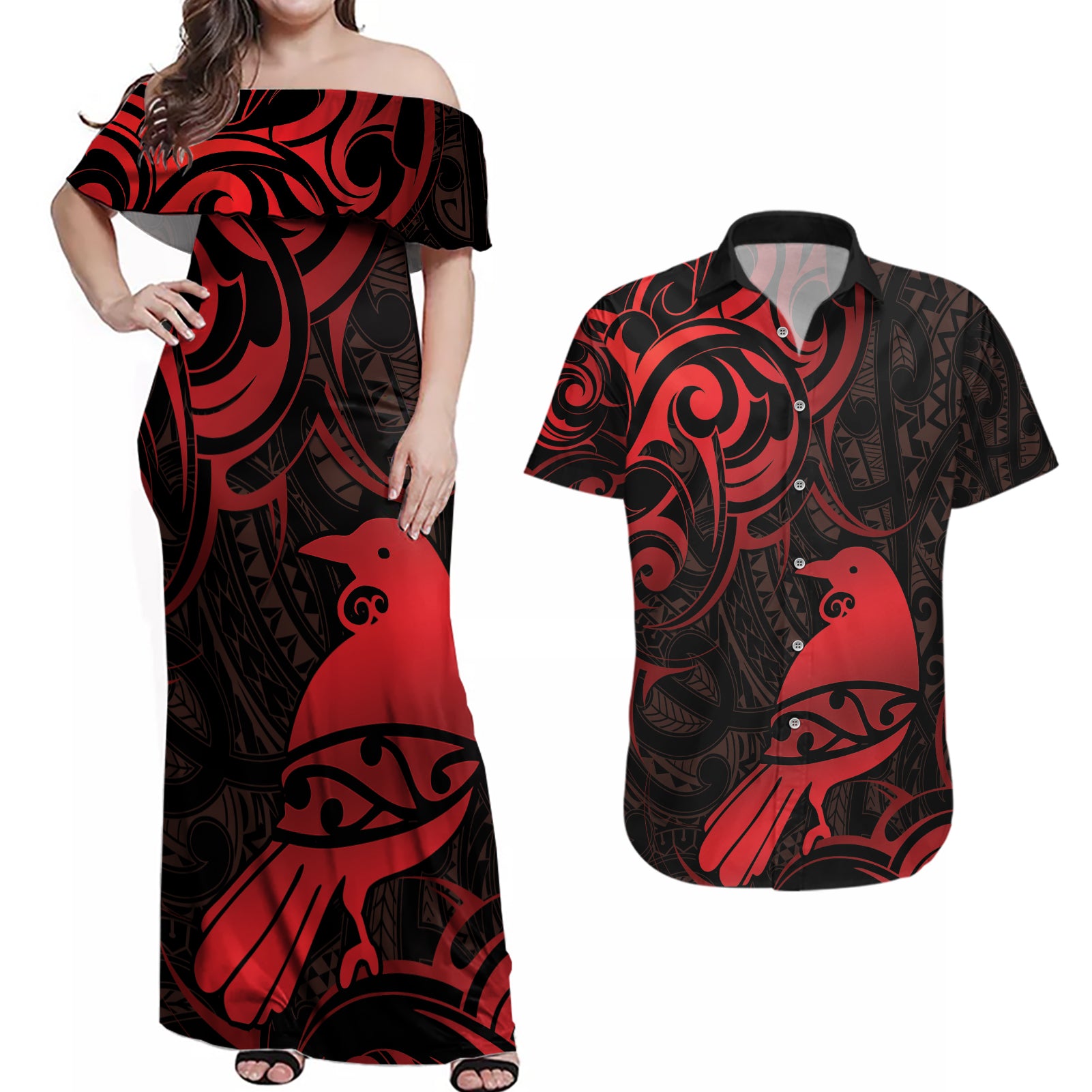 New Zealand Tui Bird Couples Matching Off Shoulder Maxi Dress and Hawaiian Shirt Aotearoa Maori Pattern - Red