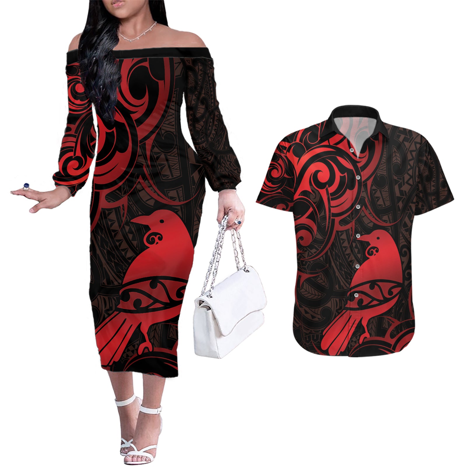 New Zealand Tui Bird Couples Matching Off The Shoulder Long Sleeve Dress and Hawaiian Shirt Aotearoa Maori Pattern - Red LT14 Red - Polynesian Pride