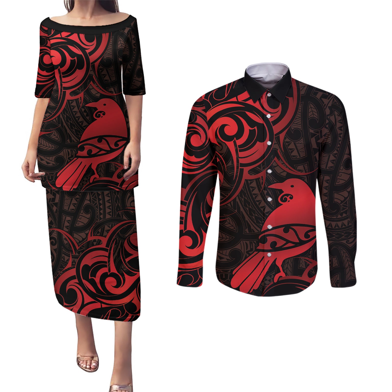 New Zealand Tui Bird Couples Matching Puletasi and Long Sleeve Button Shirt Aotearoa Maori Pattern - Red LT14 Red - Polynesian Pride