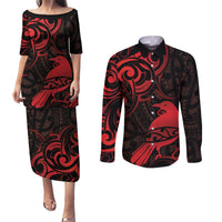 New Zealand Tui Bird Couples Matching Puletasi and Long Sleeve Button Shirt Aotearoa Maori Pattern - Red LT14 Red - Polynesian Pride