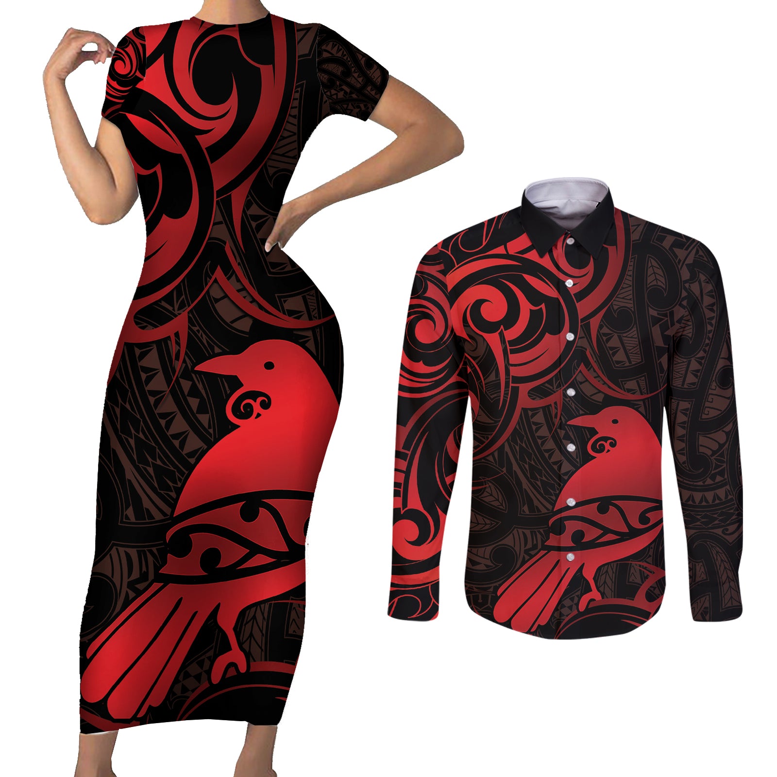 New Zealand Tui Bird Couples Matching Short Sleeve Bodycon Dress and Long Sleeve Button Shirt Aotearoa Maori Pattern - Red LT14 Red - Polynesian Pride