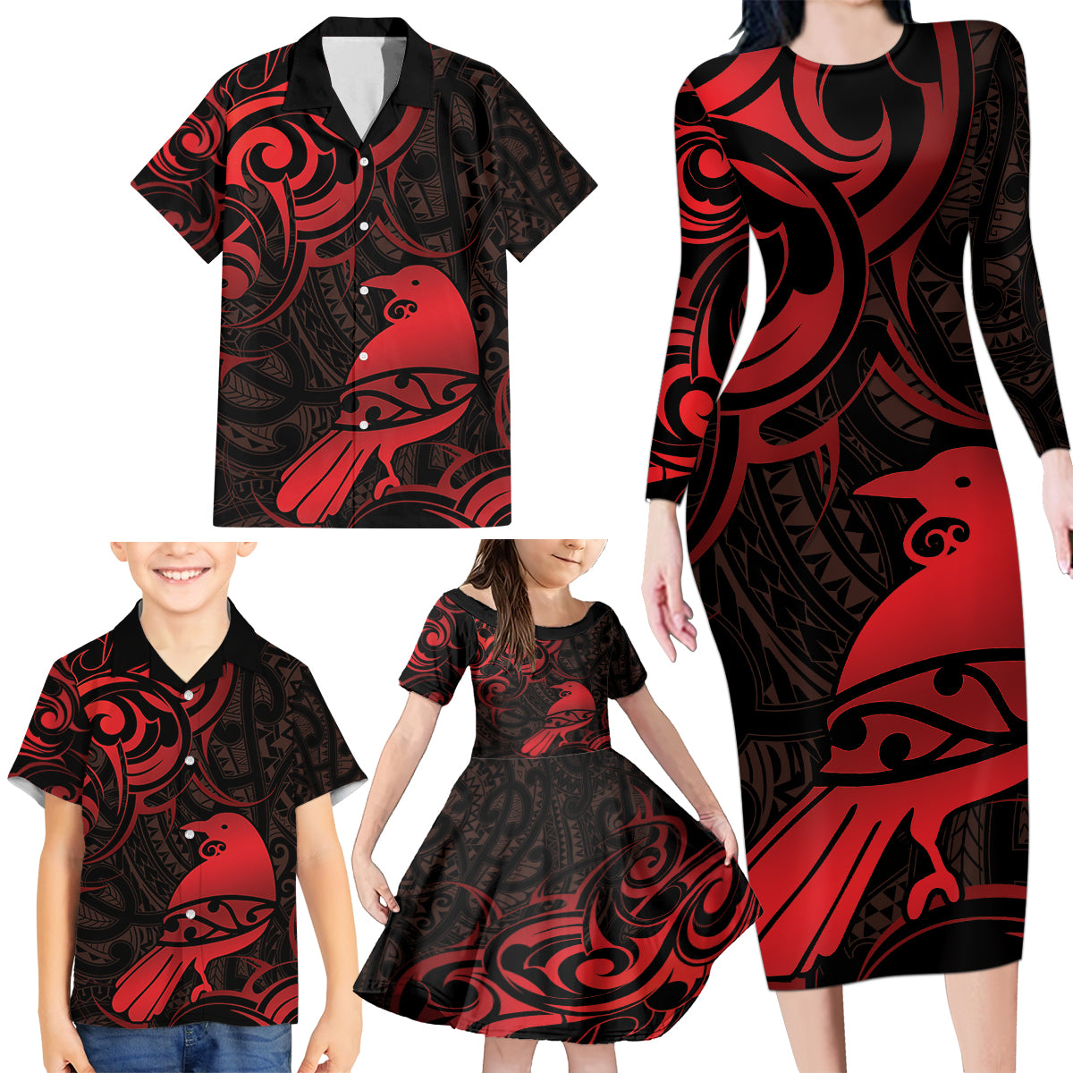 New Zealand Tui Bird Family Matching Long Sleeve Bodycon Dress and Hawaiian Shirt Aotearoa Maori Pattern - Red