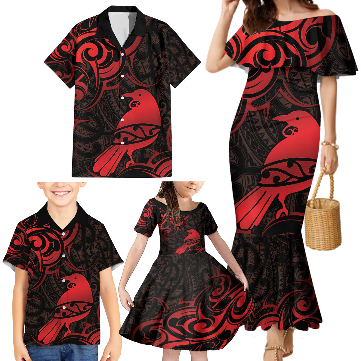 New Zealand Tui Bird Family Matching Mermaid Dress and Hawaiian Shirt Aotearoa Maori Pattern - Red