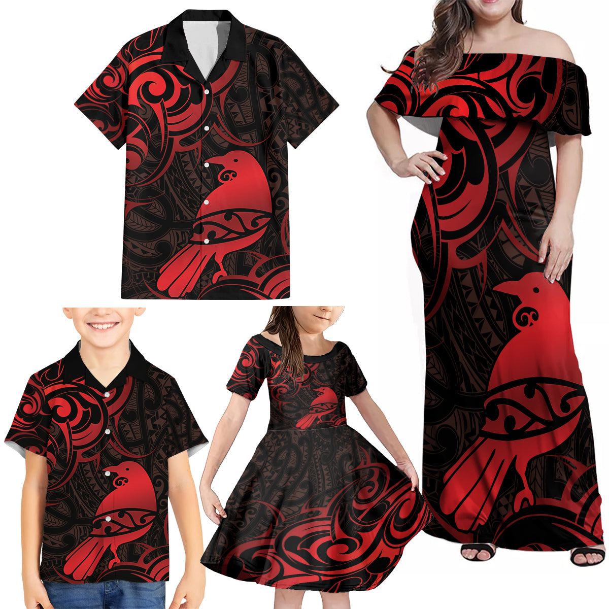 New Zealand Tui Bird Family Matching Off Shoulder Maxi Dress and Hawaiian Shirt Aotearoa Maori Pattern - Red