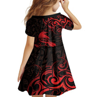 New Zealand Tui Bird Family Matching Off Shoulder Short Dress and Hawaiian Shirt Aotearoa Maori Pattern - Red