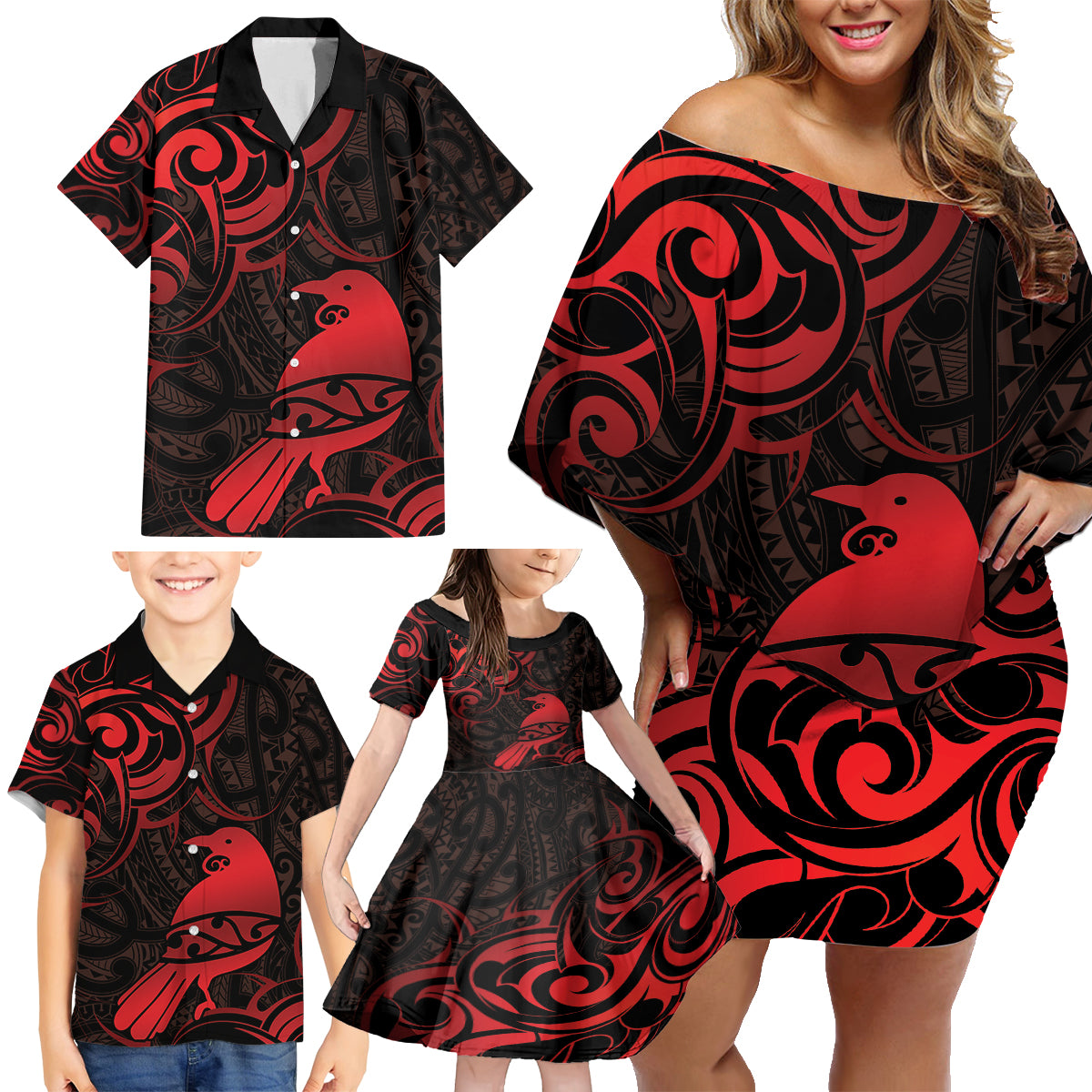 New Zealand Tui Bird Family Matching Off Shoulder Short Dress and Hawaiian Shirt Aotearoa Maori Pattern - Red