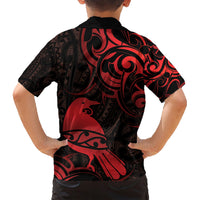 New Zealand Tui Bird Family Matching Short Sleeve Bodycon Dress and Hawaiian Shirt Aotearoa Maori Pattern - Red