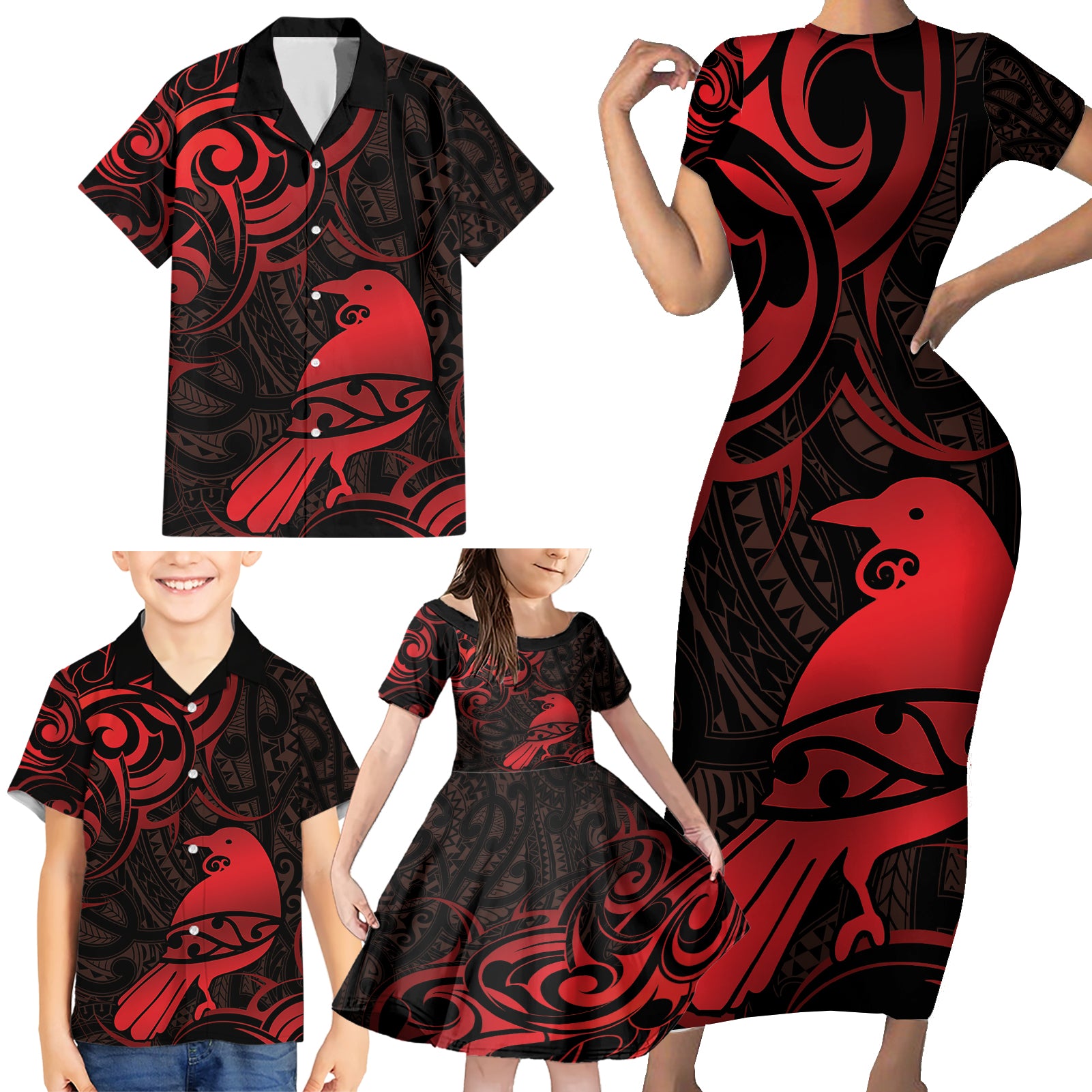 New Zealand Tui Bird Family Matching Short Sleeve Bodycon Dress and Hawaiian Shirt Aotearoa Maori Pattern - Red