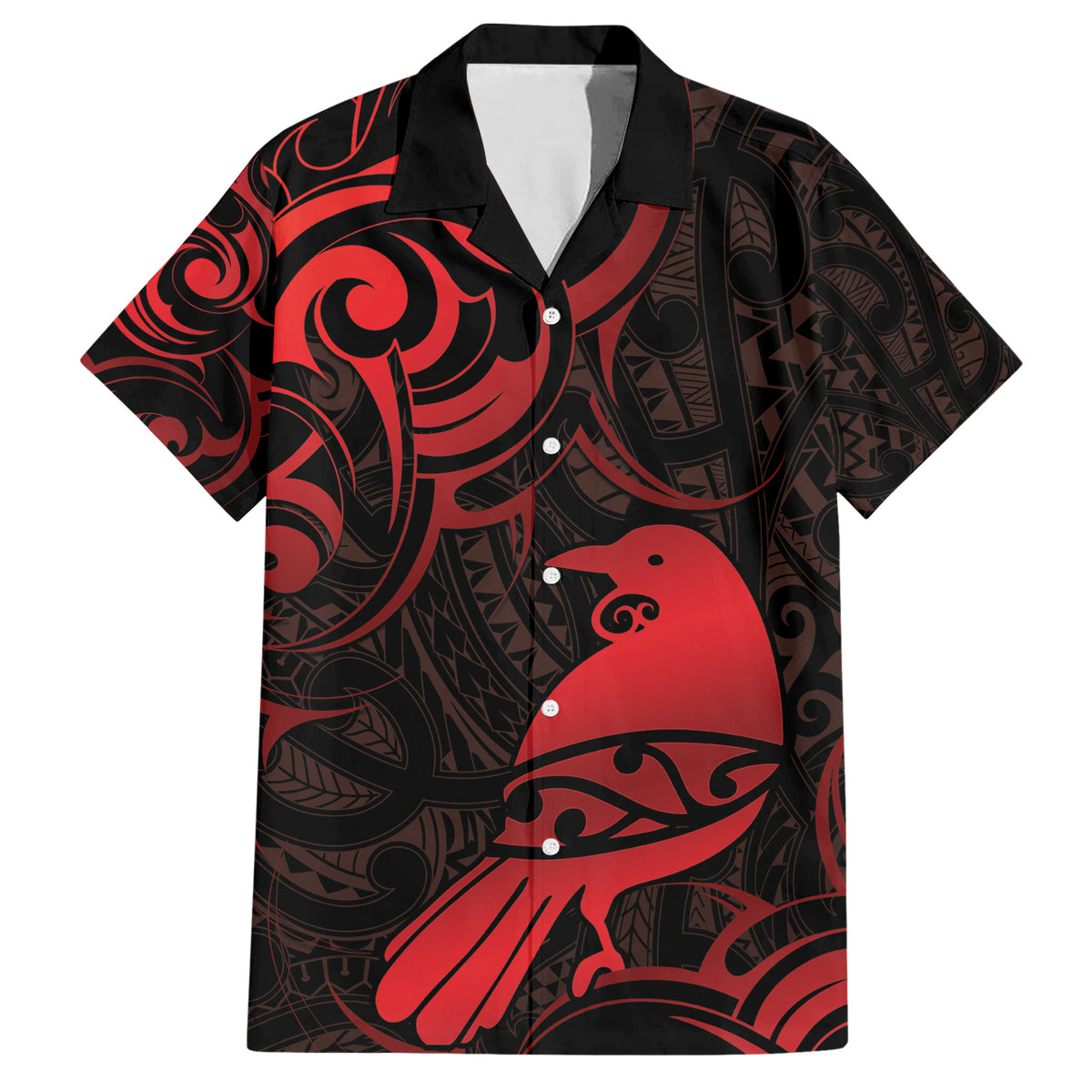 New Zealand Tui Bird Family Matching Short Sleeve Bodycon Dress and Hawaiian Shirt Aotearoa Maori Pattern - Red