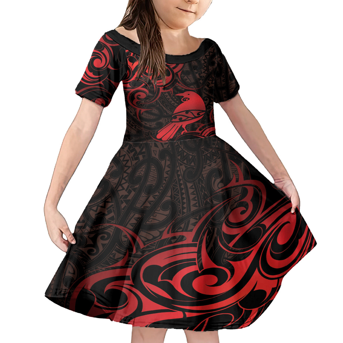 New Zealand Tui Bird Family Matching Summer Maxi Dress and Hawaiian Shirt Aotearoa Maori Pattern - Red LT14 Daughter's Dress Red - Polynesian Pride