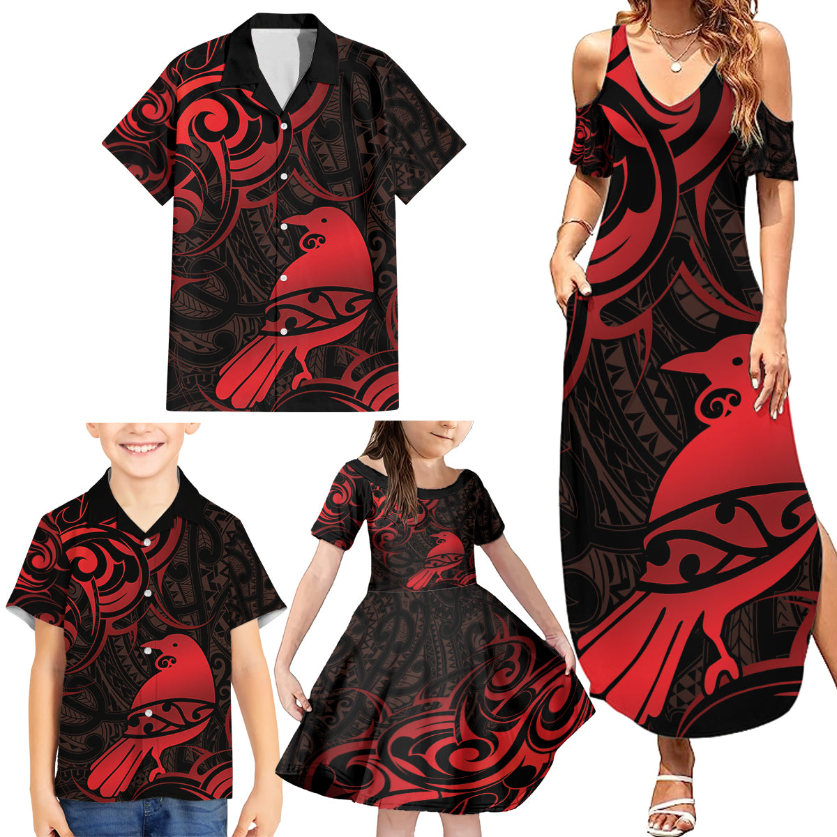 New Zealand Tui Bird Family Matching Summer Maxi Dress and Hawaiian Shirt Aotearoa Maori Pattern - Red