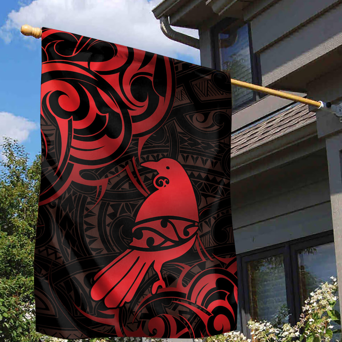 New Zealand Tui Bird Garden Flag Aotearoa Maori Pattern - Red LT14 - Polynesian Pride