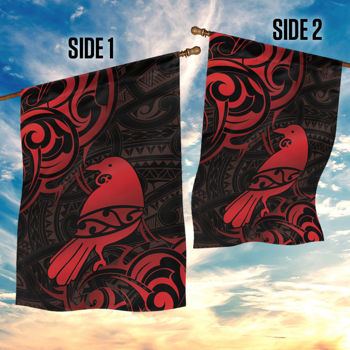 New Zealand Tui Bird Garden Flag Aotearoa Maori Pattern - Red LT14 - Polynesian Pride
