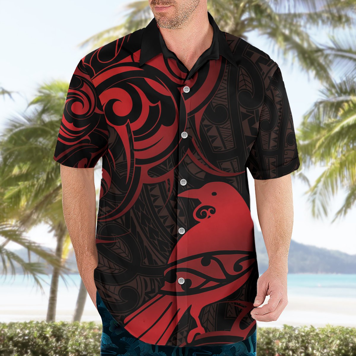 New Zealand Tui Bird Hawaiian Shirt Aotearoa Maori Pattern - Red LT14 - Polynesian Pride