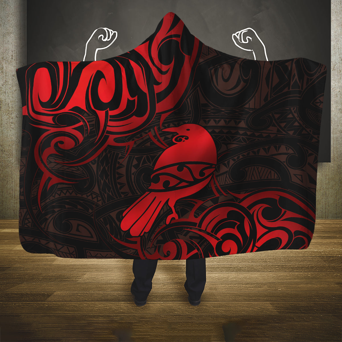 New Zealand Tui Bird Hooded Blanket Aotearoa Maori Pattern - Red LT14 One Size Red - Polynesian Pride