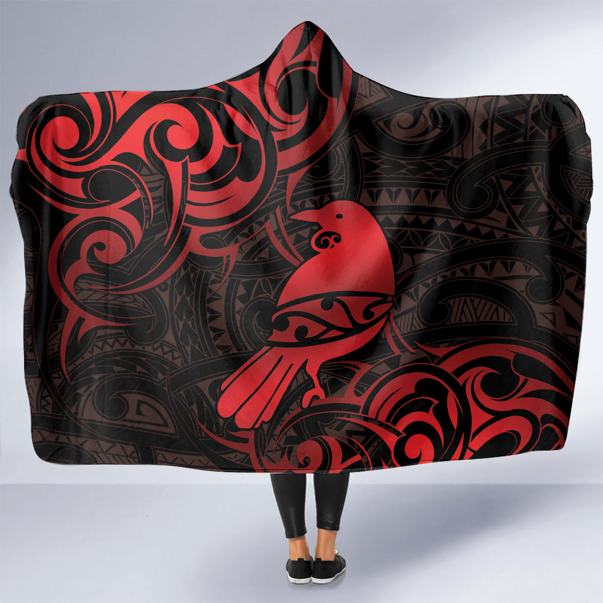 New Zealand Tui Bird Hooded Blanket Aotearoa Maori Pattern - Red LT14 - Polynesian Pride
