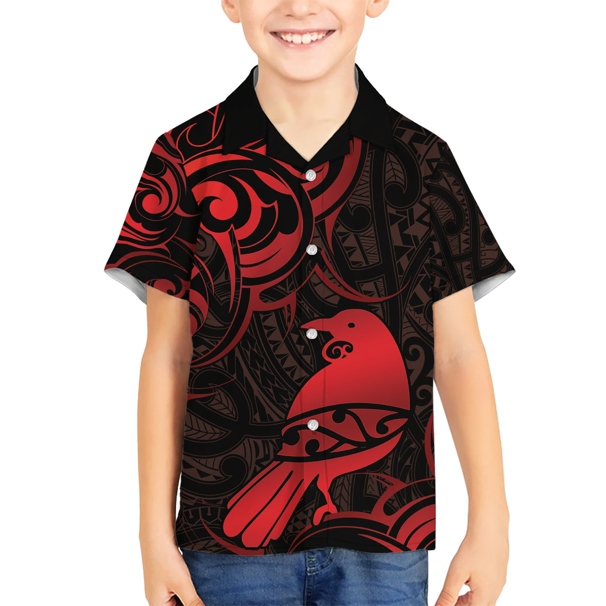 New Zealand Tui Bird Kid Hawaiian Shirt Aotearoa Maori Pattern - Red LT14 Kid Red - Polynesian Pride