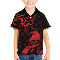 New Zealand Tui Bird Kid Hawaiian Shirt Aotearoa Maori Pattern - Red LT14 Kid Red - Polynesian Pride