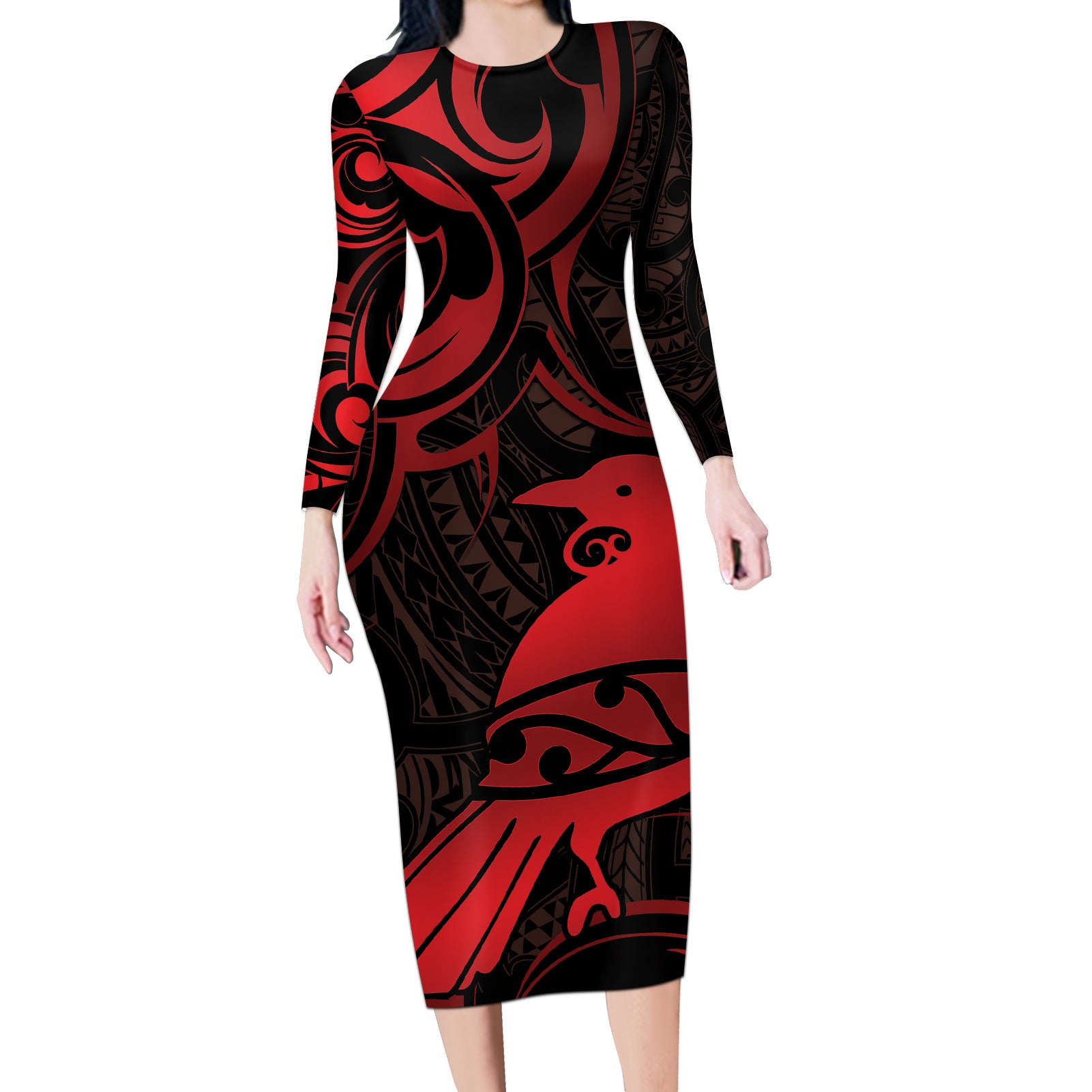 New Zealand Tui Bird Long Sleeve Bodycon Dress Aotearoa Maori Pattern - Red