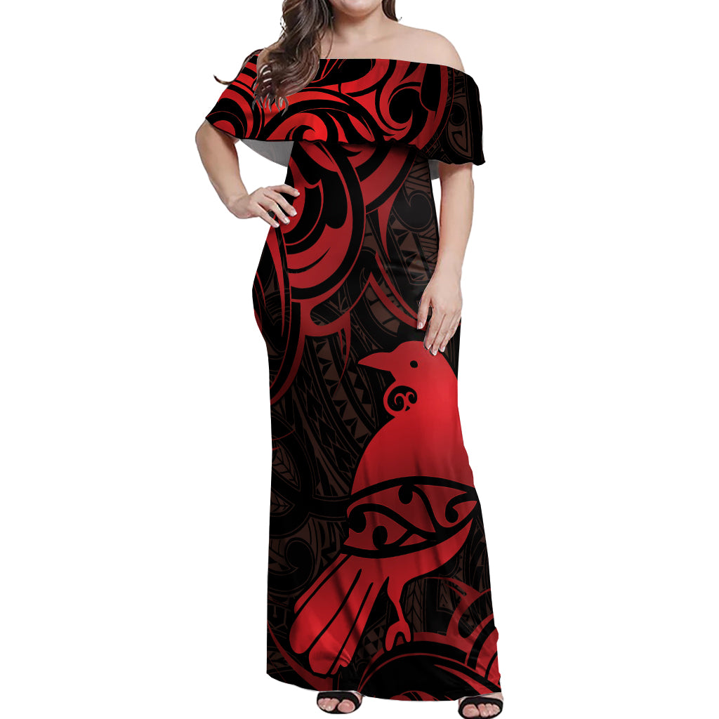 New Zealand Tui Bird Off Shoulder Maxi Dress Aotearoa Maori Pattern - Red