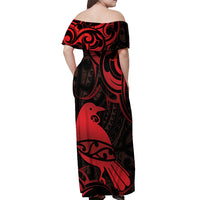 New Zealand Tui Bird Off Shoulder Maxi Dress Aotearoa Maori Pattern - Red