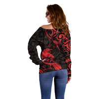 New Zealand Tui Bird Off Shoulder Sweater Aotearoa Maori Pattern - Red