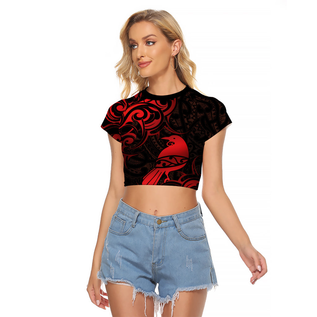 New Zealand Tui Bird Raglan Cropped T Shirt Aotearoa Maori Pattern - Red
