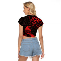 New Zealand Tui Bird Raglan Cropped T Shirt Aotearoa Maori Pattern - Red
