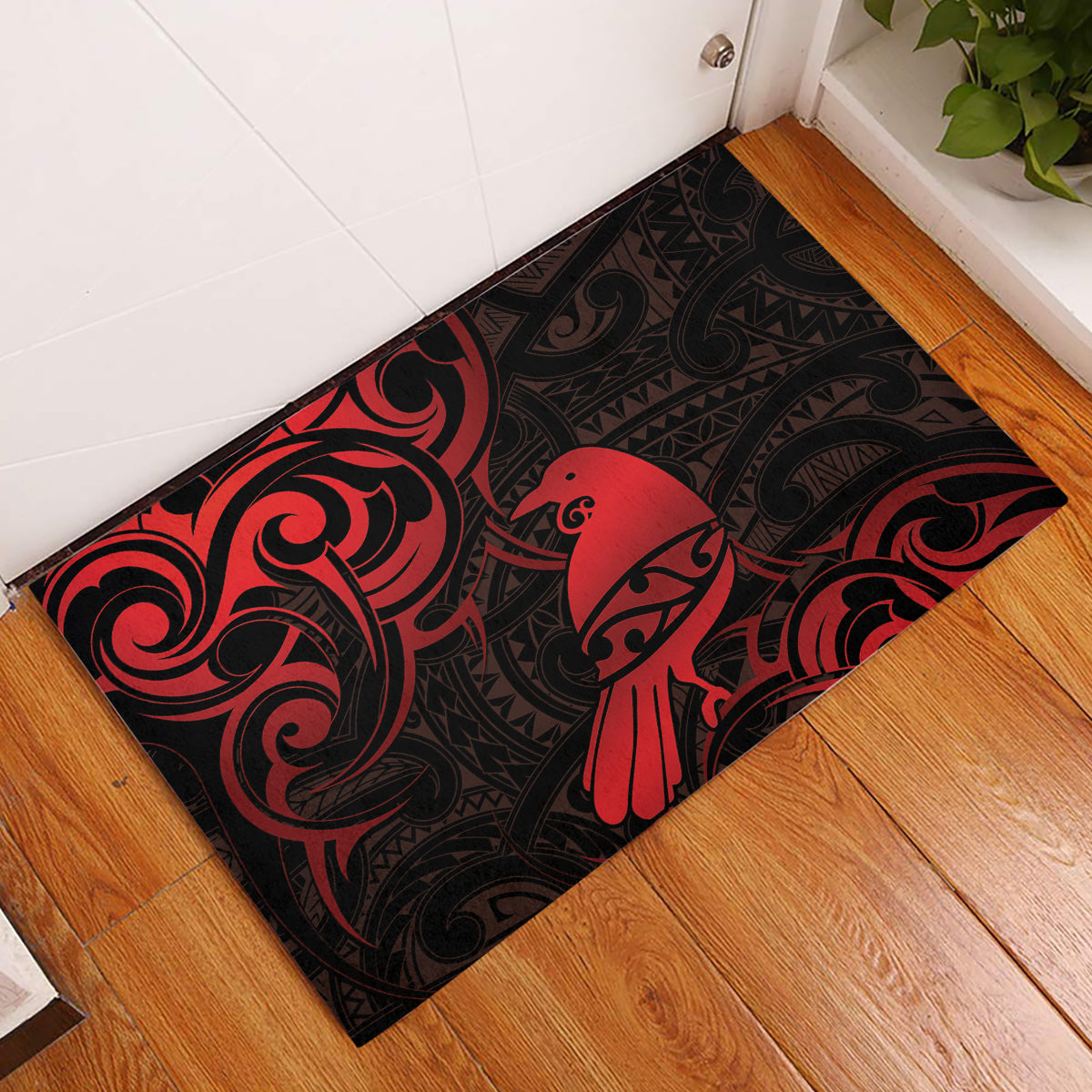 New Zealand Tui Bird Rubber Doormat Aotearoa Maori Pattern - Red