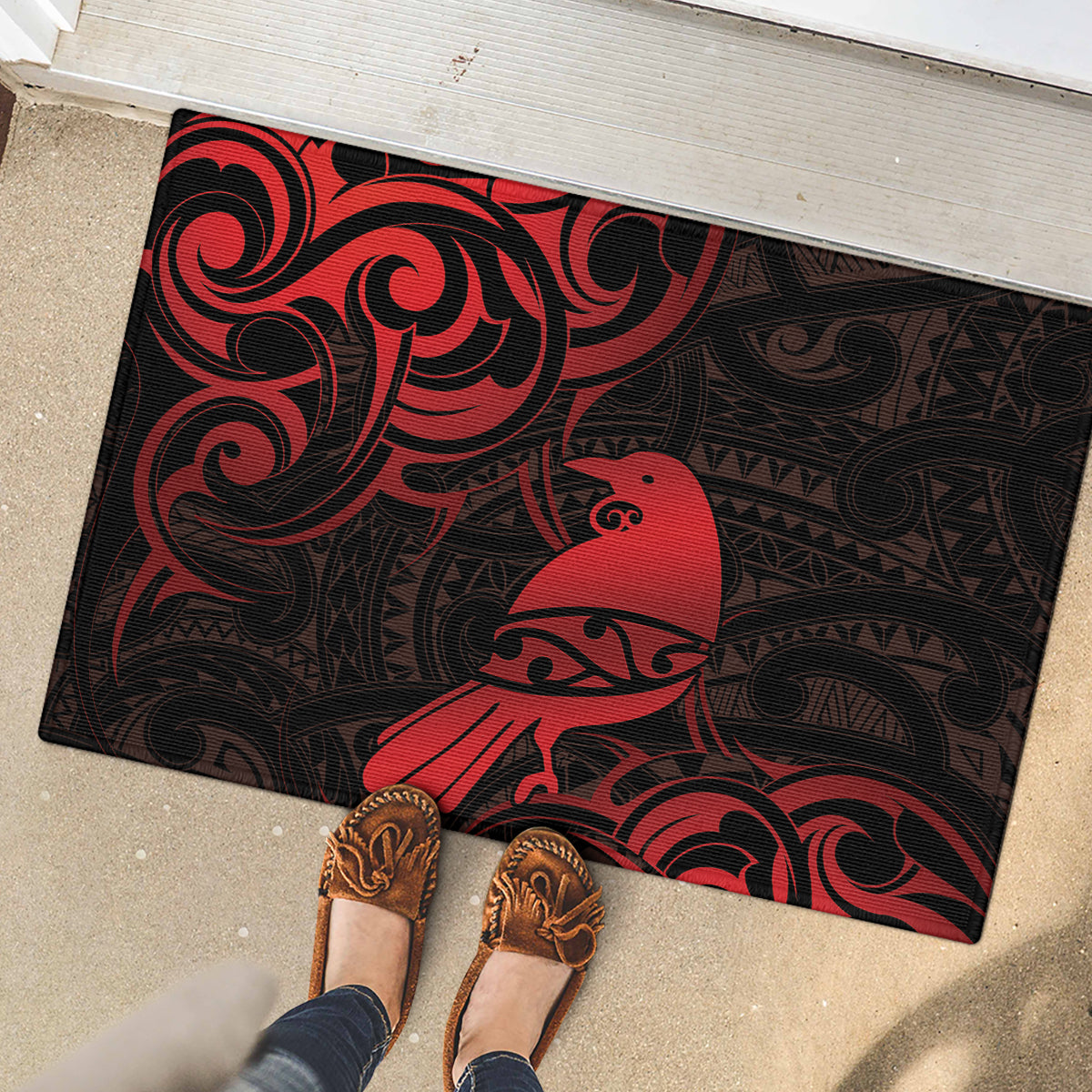 New Zealand Tui Bird Rubber Doormat Aotearoa Maori Pattern - Red