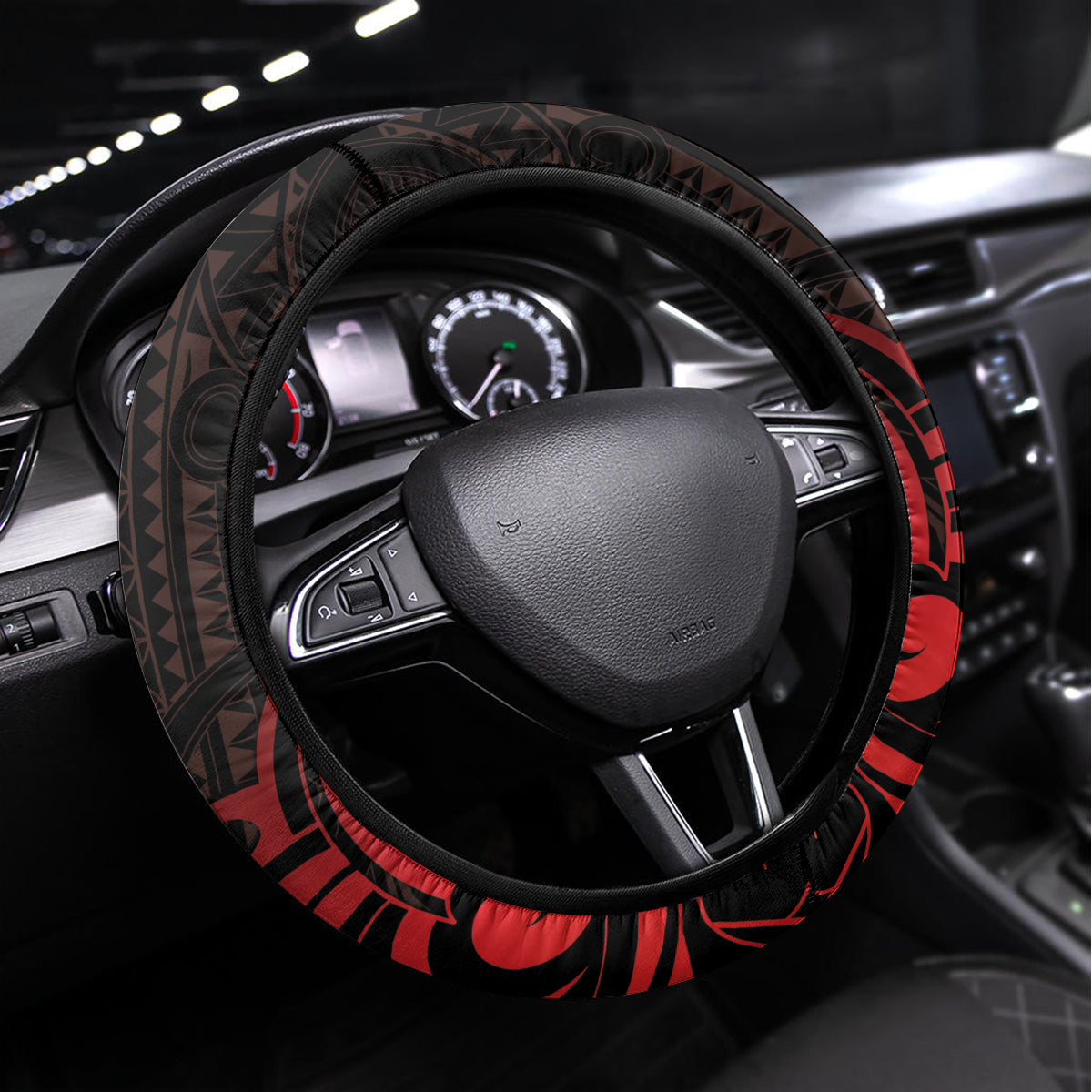 New Zealand Tui Bird Steering Wheel Cover Aotearoa Maori Pattern - Red LT14 Universal Fit Red - Polynesian Pride
